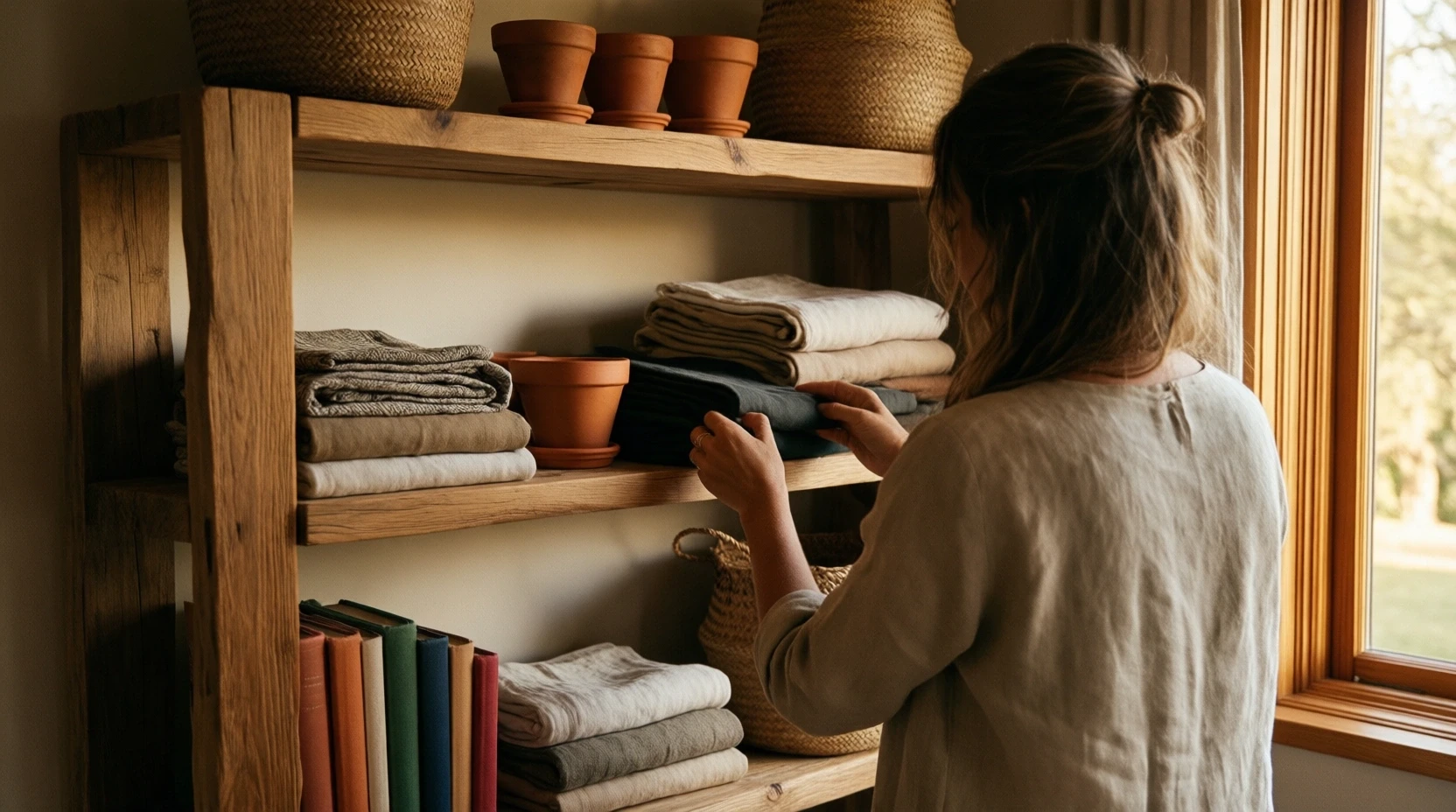 Une home organizer professionnelle arrangeant des objets dans un intérieur chaleureux