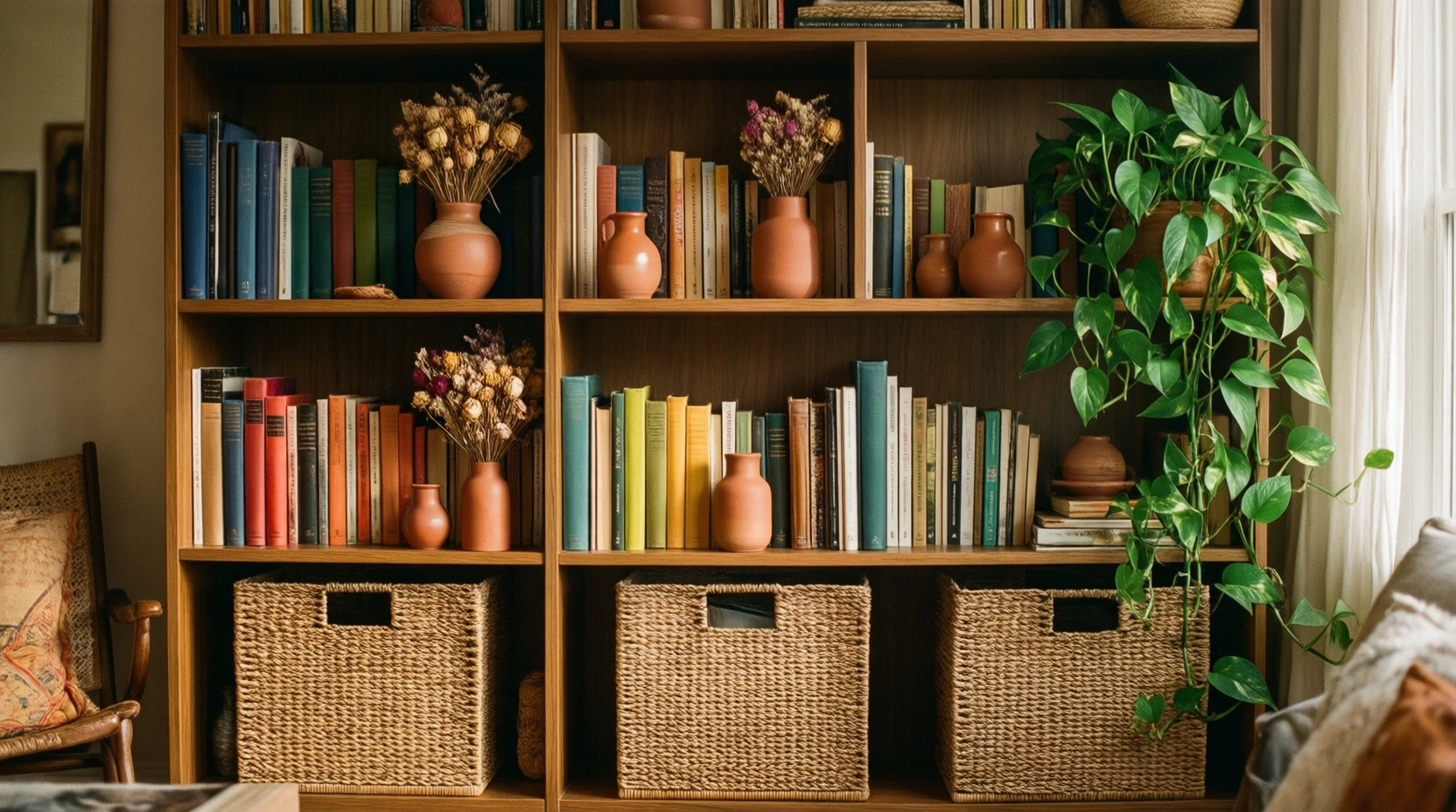 Étagères de salon organisées avec plantes et paniers bohème