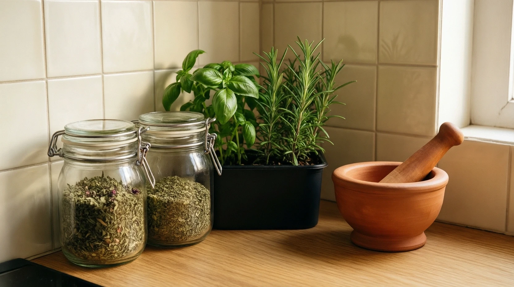 Plan de travail de cuisine épuré avec bocaux en verre et herbes fraîches