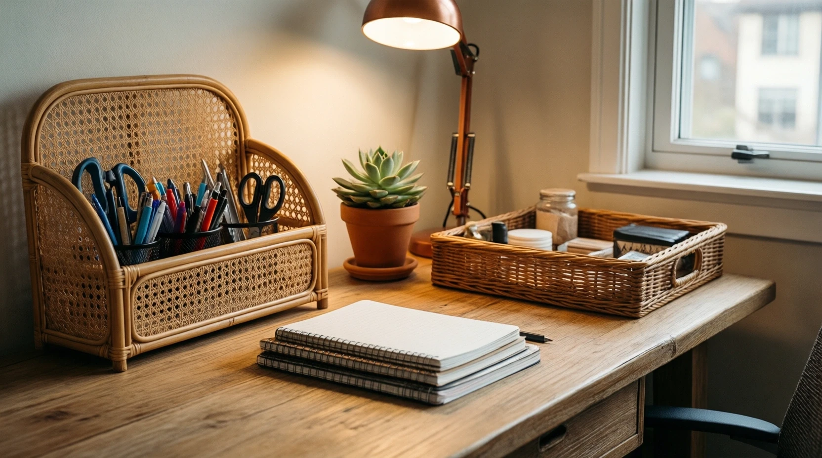 Bureau à domicile organisé avec des accessoires en rotin et bois