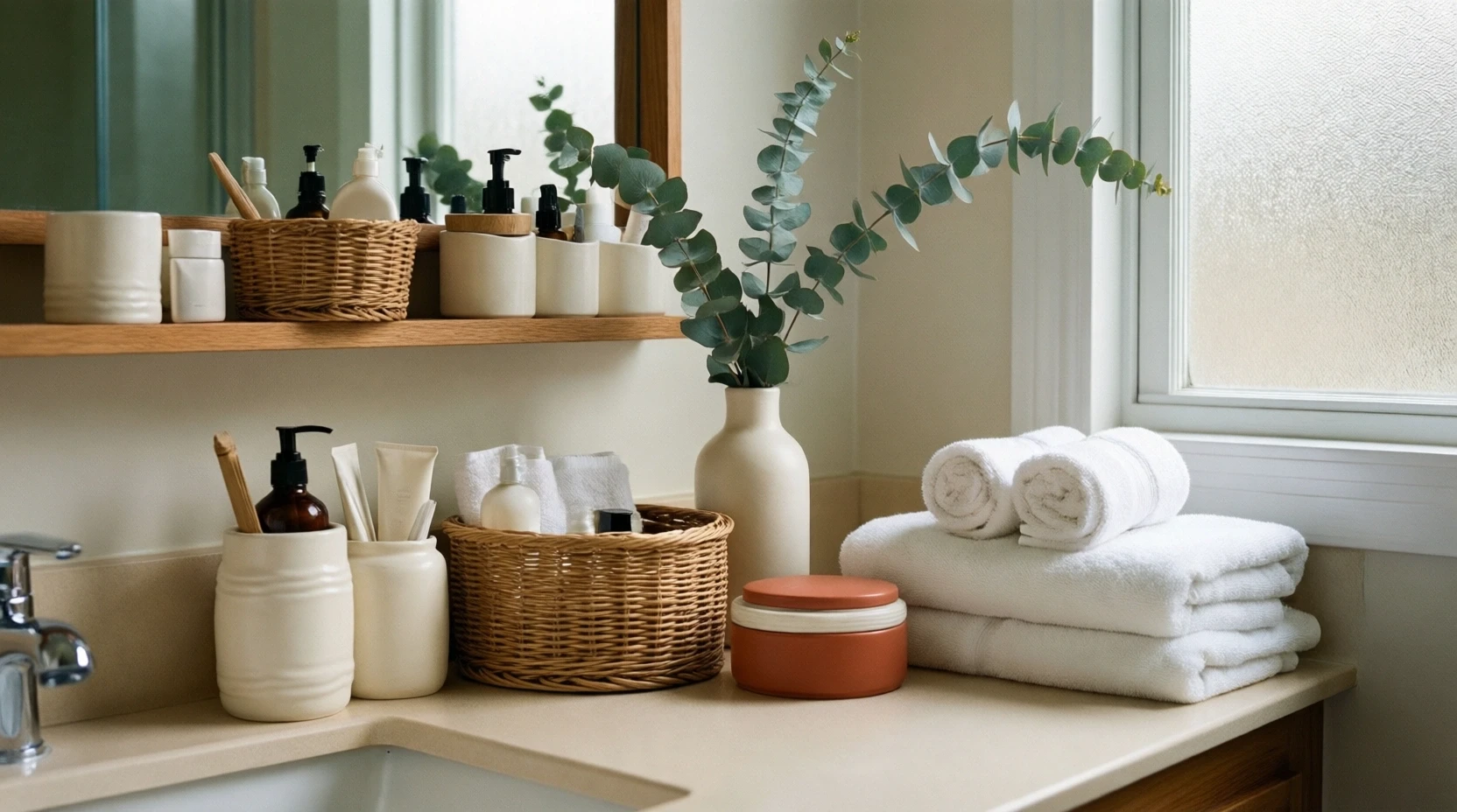 Salle de bain rangée avec bocaux et plantes dans un style bohème