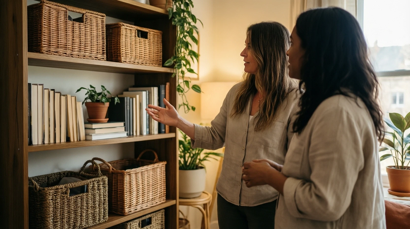 Moment de coaching à domicile, deux femmes devant des étagères organisées