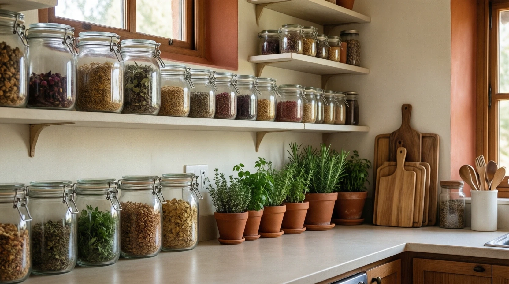 Intérieur de cuisine organisée avec des bocaux et étagères rangées